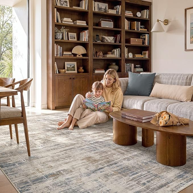 UERMEI 7x9 Area Rug for Living Room Washable Abstract Brown Carpet | Low Pile Non-Slip Soft Neutral Modern Kid Pet Friendly Large Rugs For Bedroom Dining Room Nursery Office Indoor Decor