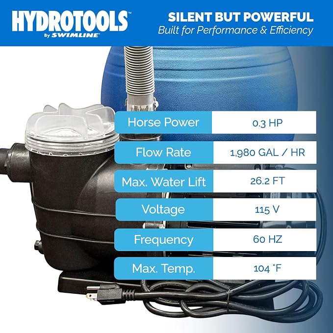 SWIMLINE HYDROTOOLS Above-Ground Pool Motor Pump, Hydro-Flo 0.3 HP w/ 1980 GPH, Vertical | Above-ground Pool Pump, 0.3 HP, 1, 980 GPH, Vertical Discharge, Strainer Basket, 115V, Single-speed, Quiet, DOE-certified