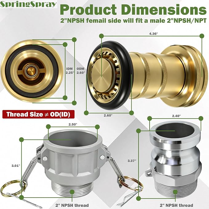 2" NPSH Brass Industrial Fire Hose Nozzle with 2 x Aluminum 2 inch Camlock Fittings Couplings Fire Equipment Constant Flow Heavy-Duty Fog Nozzle