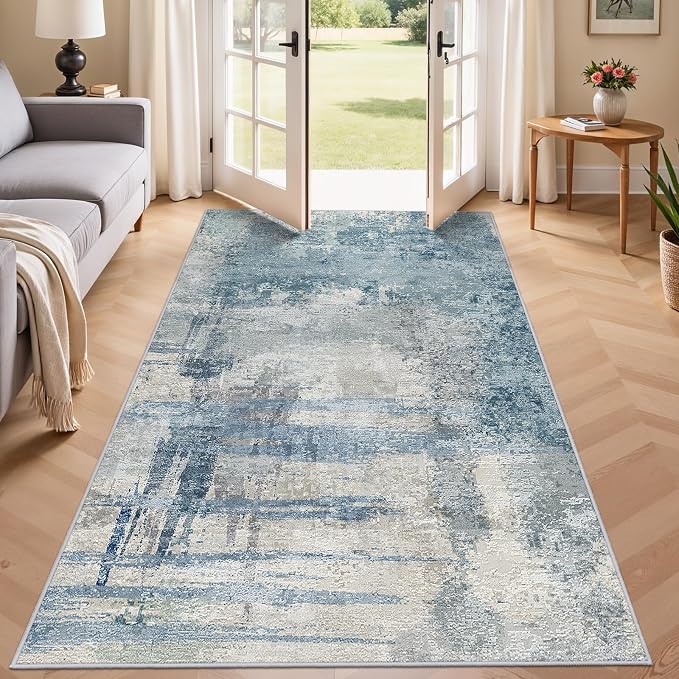 4x8 Blue Modern Abstract Rug:Wide Area Rug for Living Room, Bedroom | Machine Washable Non-Slip Soft Carpet - Pets Friendly Low Pile Floor Covering for Home 4x8 Blue