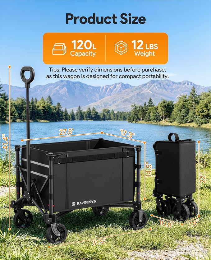 Raynesys 3 in 1 Collapsible Wagon Converts to Bench, 220lbs Foldable Wagon Cart with Wheels, 120L Shopping Cart for Groceries Folding Utility Wagon for Beach, Garden, Camping, Sport, Black