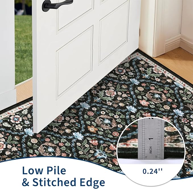 ROYHOME Runner Rug Trellis Washable Hallway Runner Non-Slip | Stain Resistant Vintage Distressed Floral Entrance Carpet for Bedroom Laundry Kitchen Entryway, Black, 2' x 6'