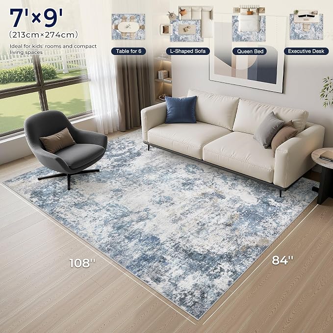 DMOYEST 7x9 Area Rug for Living Room Washable Abstract Indoor Carpet | Neutral Modern Low Pile Rugs Kid & Pet Friendly Large Soft Thin Carpet for Bedroom Dining Room - Blue