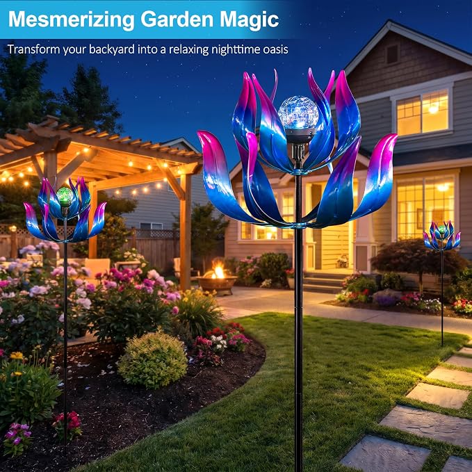 Solar Wind Spinner with Crackle Glass Ball, 7-Color Changing LED Light, Metal Kinetic Sculpture for Garden, Patio, Lawn Decor - Unique Outdoor Art for Yard