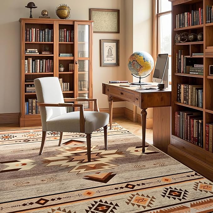 BENRON Western Area Rugs for Living Room Bedroom 4x6, Washable, Warm Beige | Non Slip Southwest aztec Rustic Rugs for Dining Table Kitchen Home Decor
