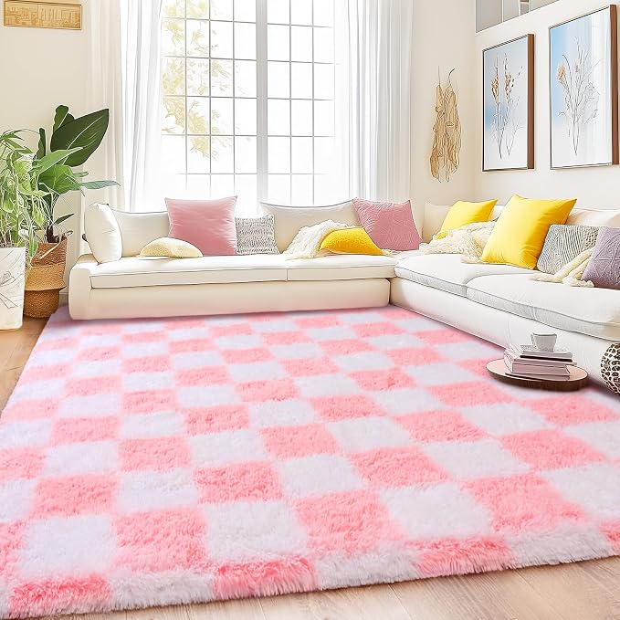 Checkered Rug for Living Room 8x10, Ultra Fluffy Fuzzy Shag Large Area Rug for Bedroom, Modern Plush Soft Upgrade Non-Slip Carpet for Kids and Girls Room Dorm Home Decor, Pink and White