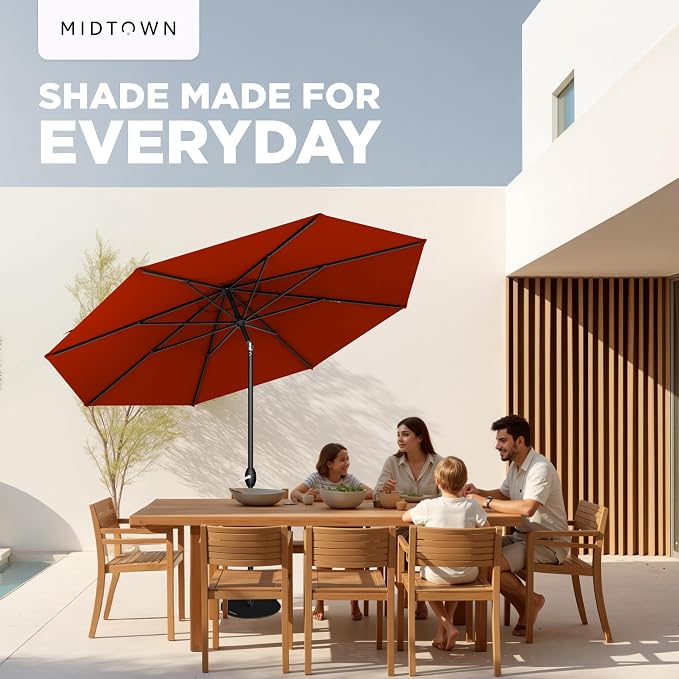 Midtown Umbrellas - 10-Year-No-Fade 6 Ft Patio Umbrella with Terylast Fabric, Auto-Tilt Aluminum Frame and 8 Reinforced Ribs for Deck, Pool, Garden & Beach - Apple Red Canopy, Black Pole