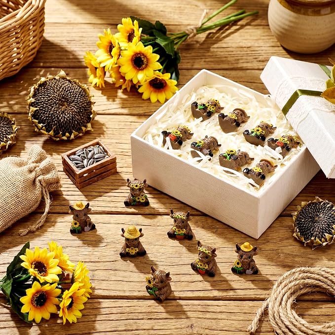 Yaomiao 60 Pcs Mini Highland Cow Figurines Resin Sunflower Highland Cow Figurines Cute Miniature Resin Gift Statue Decorations for Office Garden Desk Tabletop Festive Party Home Kitchen Tiered Tray