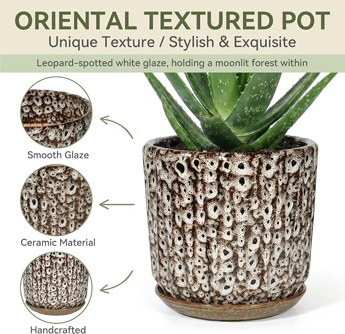 10 Inch Ceramic Planter Pot with Saucer Drainage Leak-Proof Mesh,Flower Pots for Indoor Plants with Gardening Gloves,Ceramic Planter(Spotted-White)