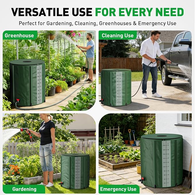Yesker Collapsible Rain Barrel, 53 Gallon Portable Rainwater Collection System, 550D PVC Water Storage Tank, Rain Catcher with Spigots Filter Overflow Kit, Green