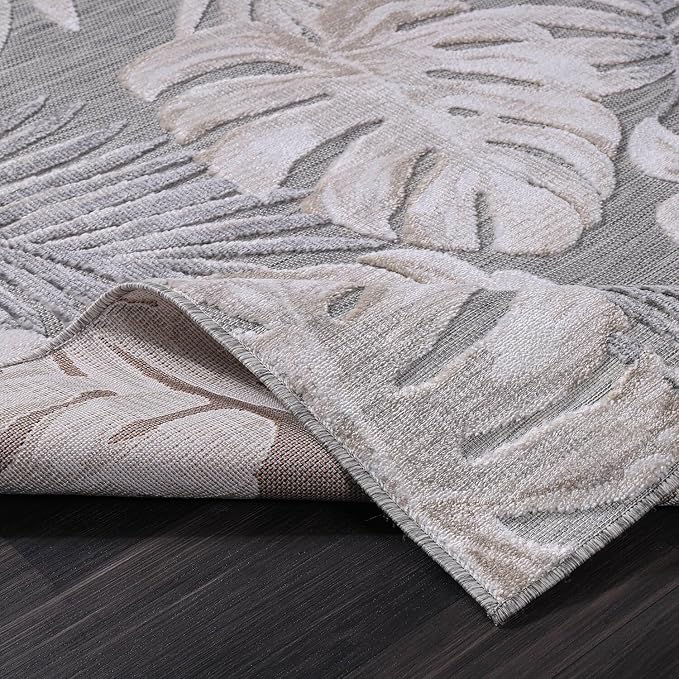 CAMILSON Indoor Outdoor Rug, Beige 7’10”x10’ Leaf Tropical Botanical Area Rugs for Indoor and Outdoor patios, Easy-Cleaning Non-Shedding Living Room, Garden and Kitchen Washable Outside Carpet (8x10)