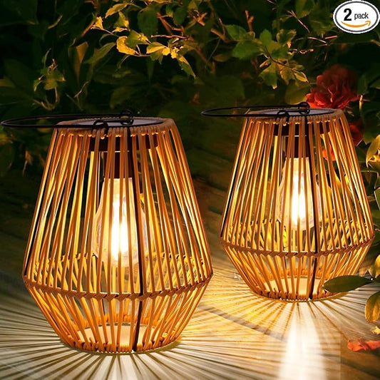 Solar Lantern,2 Pack Solar Wicker Lanterns Outdoor Waterproof Boho Lights for Outside Hanging Rattan Lights Outdoor Patio Lanterns Decoration for Garden,Yard,Porch,Trees,Lawn,Pathway