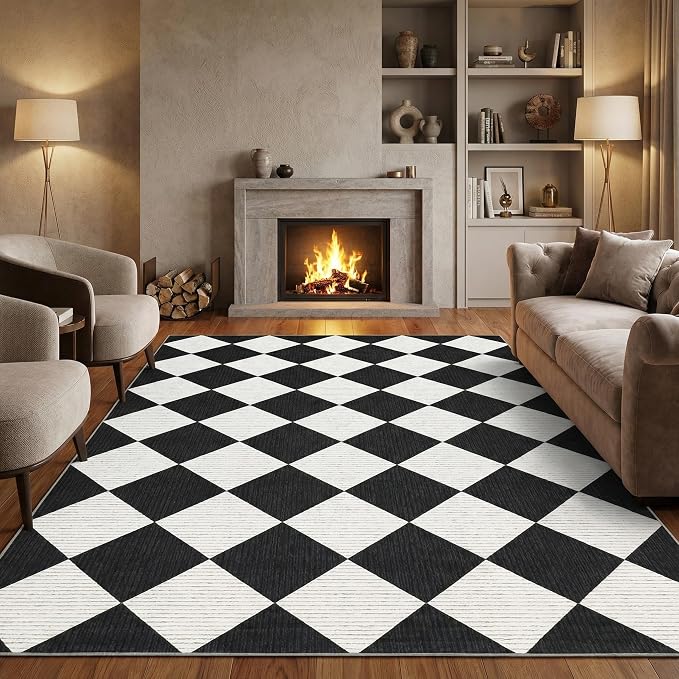 GarveeHome 6x9 Checkered Area Rug Black and White Washable Living Room Rug | Modern Geometric Farmhouse Carpet Soft Low Pile Non Slip Diamond Floor Mat Plaid Print Throw Rug for Dining Room Playroom