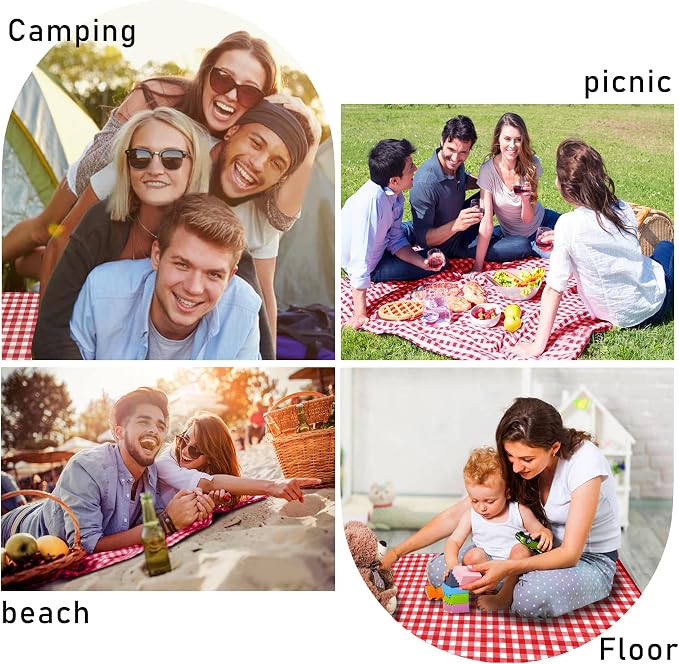 SAMSIER Outdoor Picnic Blankets Waterproof Foldable Sandproof, Large Gingham Cute Picnic Mat Washable Portable for Park Beach Camping Courtyard (Red, 60"×80")