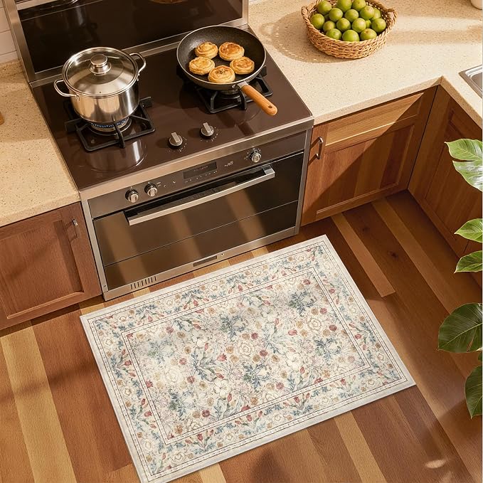 GarveeHome Small Beige Entryway Rug, 2x3 Washable Front Door Rug Indoor Entrance Floral Carpet Non-Slip Low Pile Throw Rugs for Kitchen Floor, Powder Room, Entry, Bathroom, Kids Room