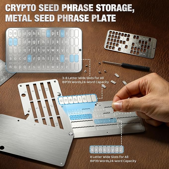 Crypto Seed Phrase Storage, Metal Seed Phrase Plate, Bybkxeo S2, 3-8 Letter Wide Slots for All BIP39 Words, 24-Word Capacity, Fire/Corrosion Resistant, Compatible with Ledger/Trezor/KeepKey