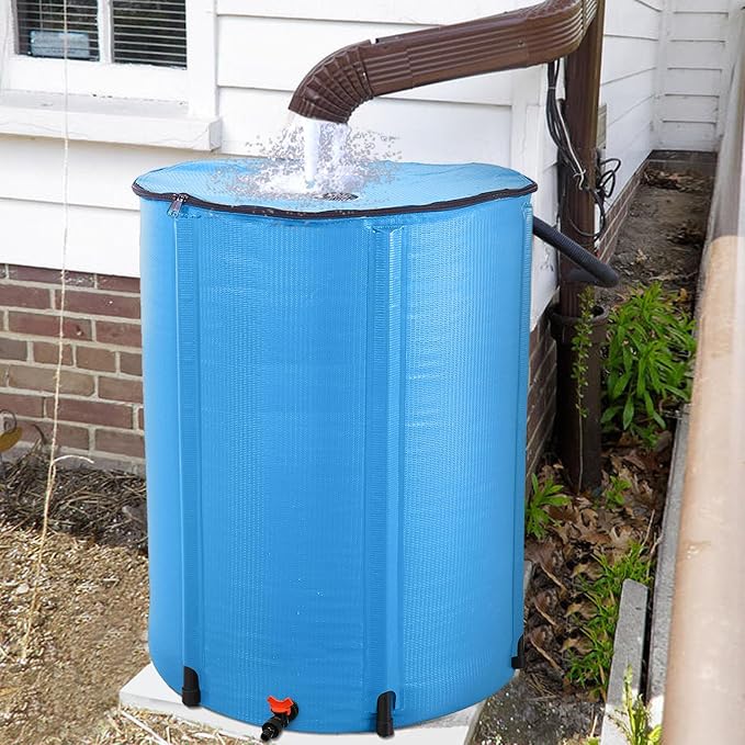 100 Gallon Collapsible Rain Barrel, Rain Water Collection Barrel System Kit, Collapsible Water Tank with Spigot and Overflow Kit, Portable Rain Water Catcher for Garden, Blue