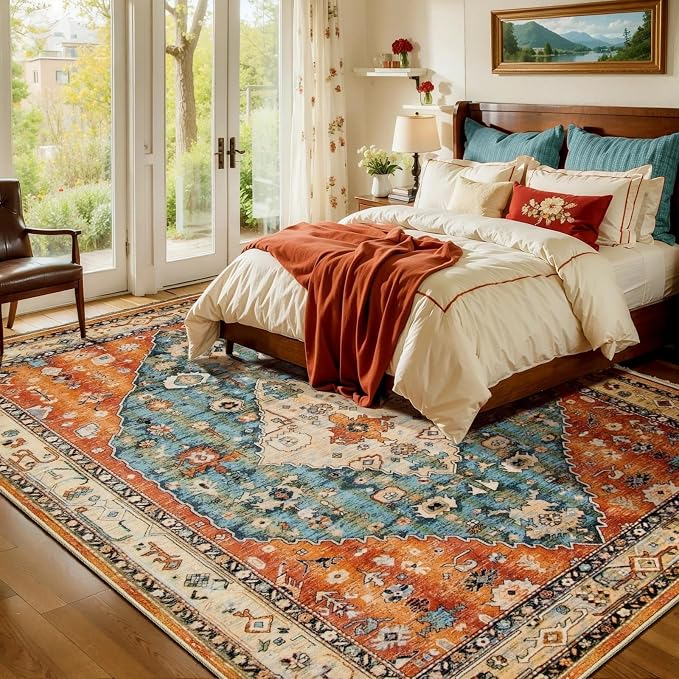 SERISSA 5x8 Washable Non Slip Boho Area Rug for Living Room | Ultra Soft Vintage Oriental Carpet Low-Pile Distressed Tribal Floor Carpet for Bedroom Dining Room Dorm Office Home Decor