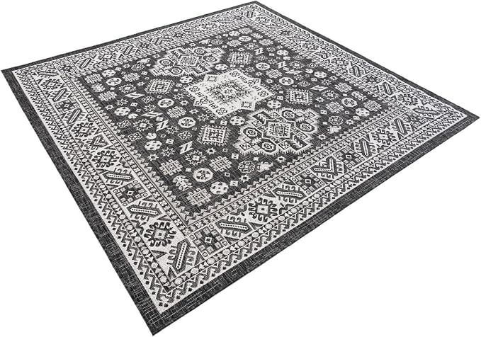 Unique Loom Outdoor Aztec Collection Area Rug - Chalca (6' 1" Square Charcoal Gray/Ivory)