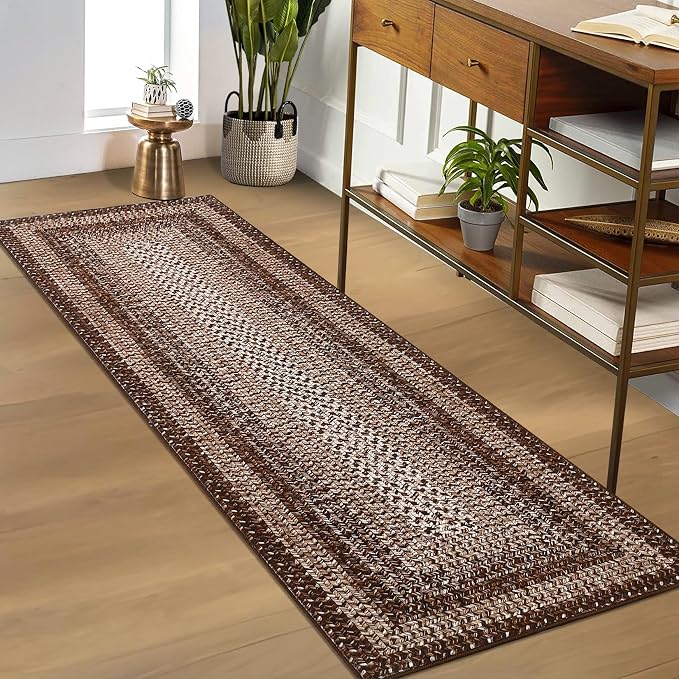 RUGSREAL Braided Print Runner Rug 2x8 Machine Washable Hallway Runner Rugs | Entryway Long Throw Carpet Non Slip Kitchen Mat Living Room Rustic Carpet for Bedroom Dining Room, Brown