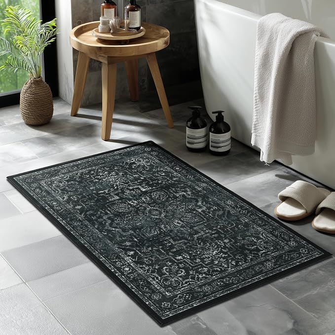 Distressed Black Kitchen 2x3 Rugs Non Slip Washable, Vintage Medallion Pinted Dark Door Mat Indoor Entrance Entryway, Small Low Pile Rugs for Bathroom Vanity/Laundry Room/Bedroom