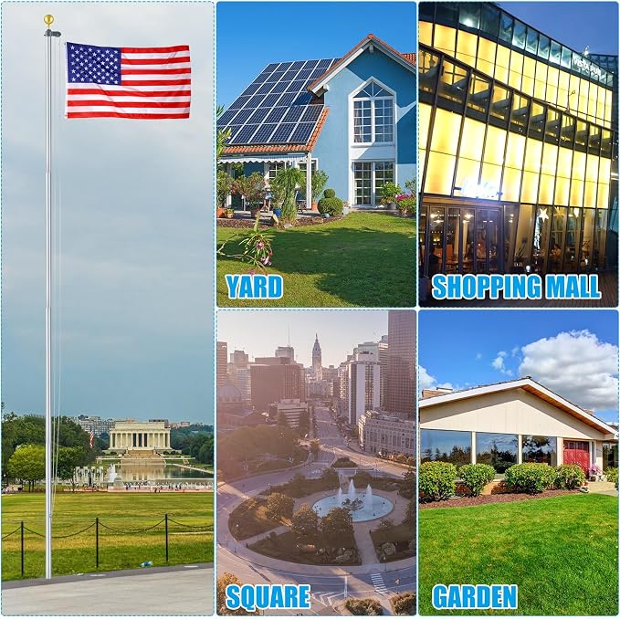 FuWeave Flag Poles for Outside House in Ground 20 ft Sectional Flag Pole Kit Extra Thick 16 Gauge Heavy Duty Aluminum Flag Pole with Gold Ball Top for Residential or Commercial(Silver)