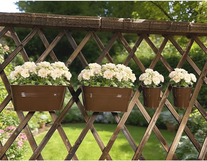 Pack of 8 Metal Hanging Planters for Outdoor Plants, 4 Pcs 4" Round Railing Planter & 4 Pcs 10" Oval Fence Flower Pots for Balcony Garden Decor, Chocolate