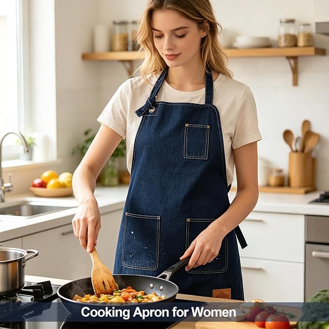 Denim Chef Apron for Women with Pockets, Jean Waitress Server Kitchen Apron for Men Cooking Gardening Painting
