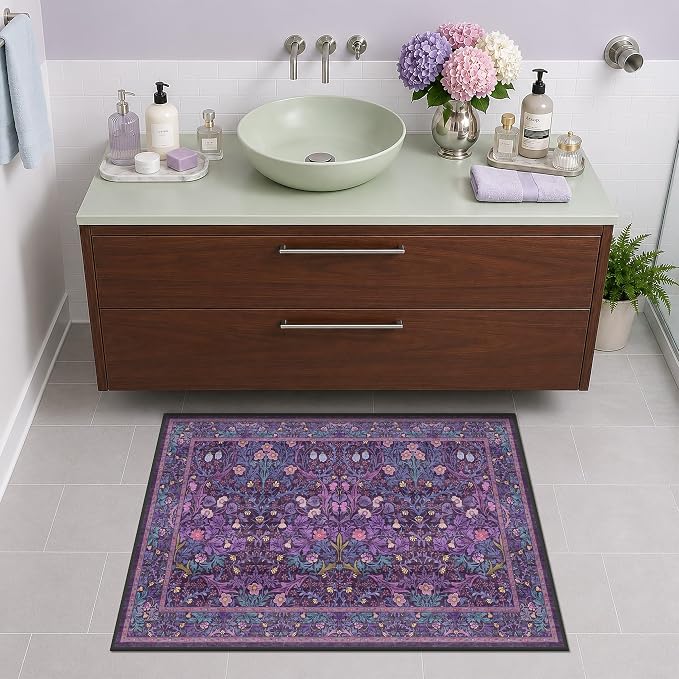 Washable Small Purple Rug 2x3 for Entryway Non Slip, Bohemian Throw Rug for Bathroom, Front Door Indoor, Mudroom, Kitchen, Vintage Plum Floral Décor, Stain & Fade Resistant