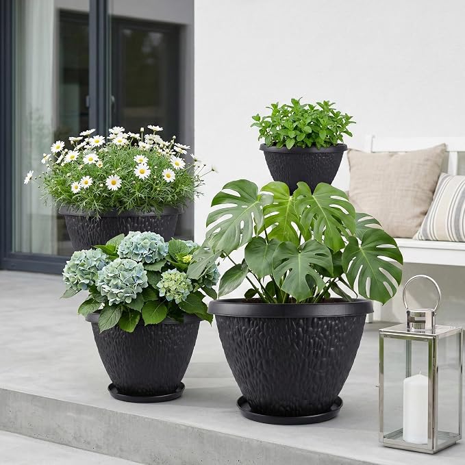 Nooulap 4 Pack 10 inch Plant Pots for Outdoor Indoor, Durable Flower Pots with Drainage, Indoor Outdoor Planters for Herbs Flowers Small Trees (Black Pebbles Design)