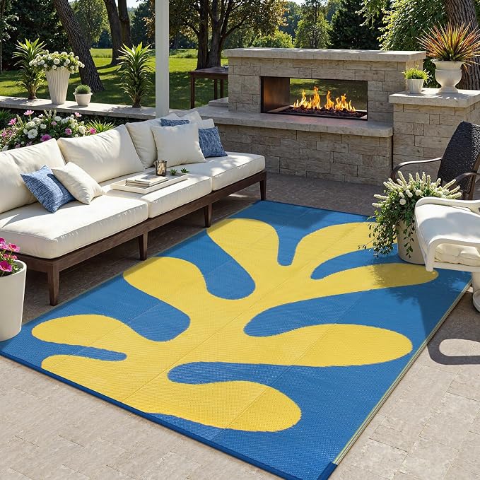 Lahome Plastic Ocean Coral Outdoor Rug, 6x9 Funnky Waterproof Outdoor Patio Rug, Portable Lightweight Rv Mats for Outside Camping Beach Picnic, Blue 6'x9'