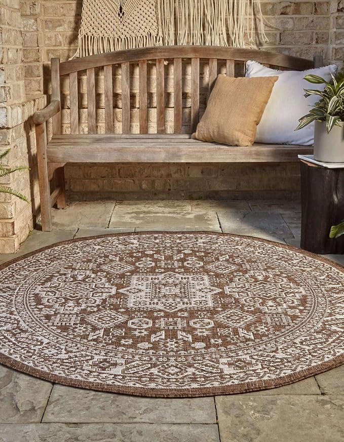 Unique Loom Outdoor Aztec Collection Area Rug - Chalca (10' Round Brown/Ivory)