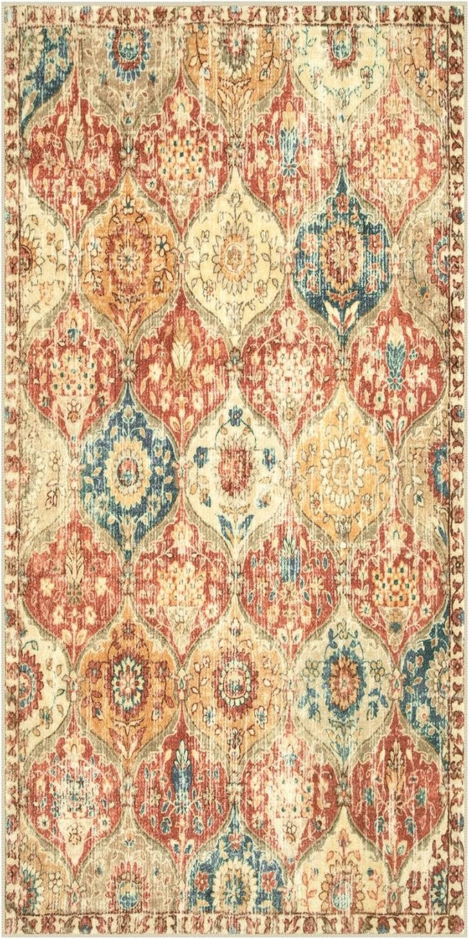 Lahome Kitchen Rugs Non Slip Washable Rugs for Entryway, 2x4 Rug Non-Slip | Moroccan Trellis Ultra-Thin Indoor Door Mat Small Carpet for Bathroom Bedroom Entry Elise, Red/Orange