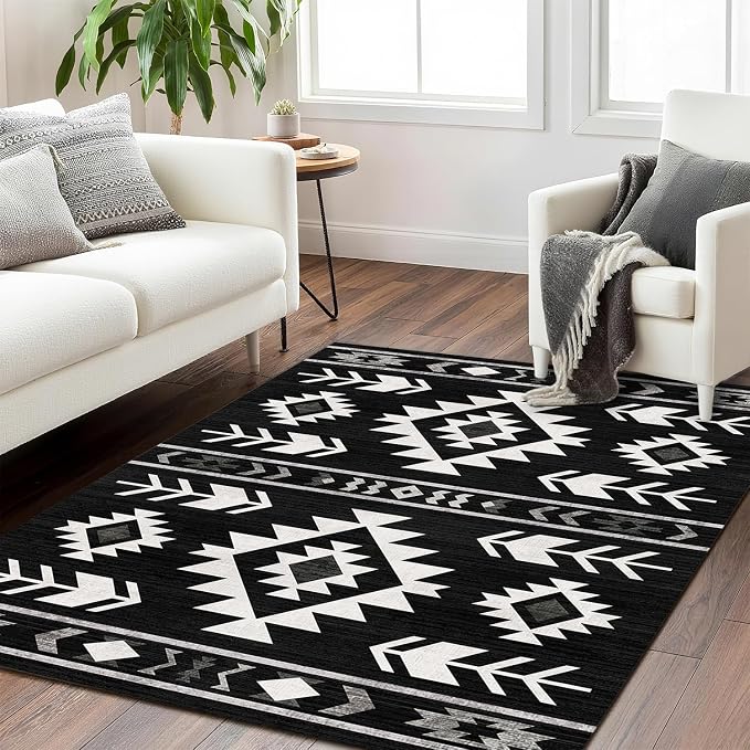 Western Area Rug 4x6 for Living Room, Southwestern Aztec Tribal Area Rugs Southwest Navajo Machine Washable Rug Non-Slip Printed Low-Pile Floor Carpet for Bedroom Dining Room Office, Black