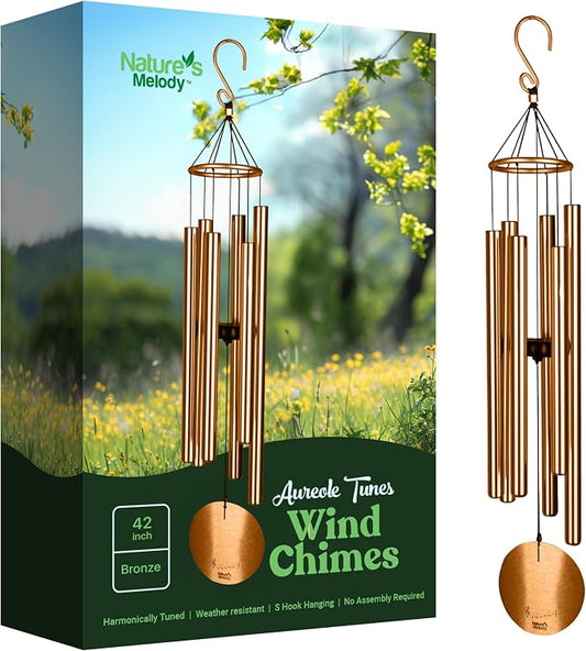 Nature’s Melody Aureole Tunes Wind Chimes – Outdoor Windchime with 6 Tubes, 100% Rustproof Aluminum, Powder Finish & S Hook Hanger for Sympathy, Memorial Gift or Zen Garden (Bronze, 42")