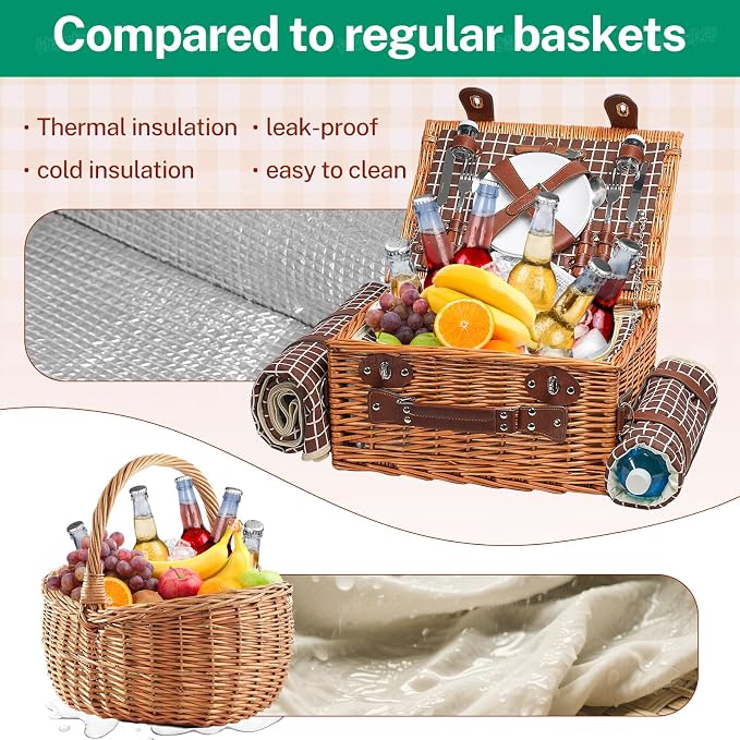 Double Picnic Basket with Large,Insulated Cooler Bag and Waterproof Picnic Blanket, Handmade Wicker Basket Set with Cutlery for Picnics, Camping, Beach
