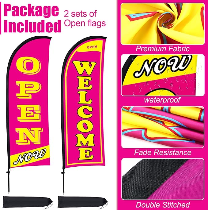 Buryeah 2 Sets Now Open Flag Banner for Business Advertising 7 ft Feather Flag Sign with Flagpole Ground Stake Portable Bag (Hot Pink)