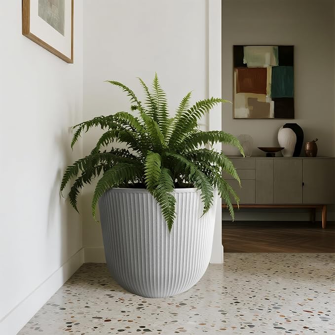 Worth Garden Round Large Planter Pot 1-Pack - 17.5" Dia x 15.5" H - Durable Plastic White Plant Tree Pots with Vertical Stripe Textured Finish, Drainage Hole for Indoor, Outdoor, Front Porch, Patio