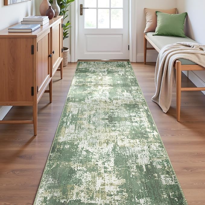 RELEANY Washable Runner 2'x6' Abstract Area Rug for Hallway Light Green | Carpet for Kitchen, Entryway, Bathroom, Living Room, Bedroom, Printed Pattern, Non‑Slip, Soft, Stain‑Resistant, Easy to Clean