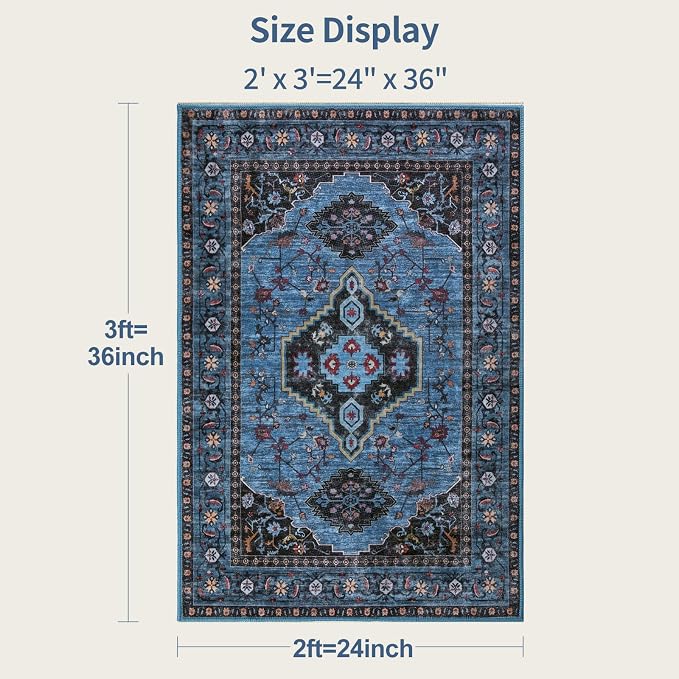 Tangsoo Oriental 2x3 Washable Rugs for Entryway, Non Slip Small Area Rug | Blue Vintage Indoor Front Door Rug, Boho Print Door Mat Soft Low Pile Throw Rugs for Entrance Entry Kitchen Bedroom Bathroom