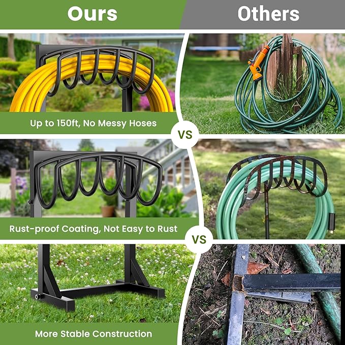 Pattiumo Garden Hose Holder Stand, Heavy Duty Freestanding Metal Hose Holder with 4 Spikes, Hose Reel Alternative Holds up to 150 ft for Yard Lawn Garden Patio