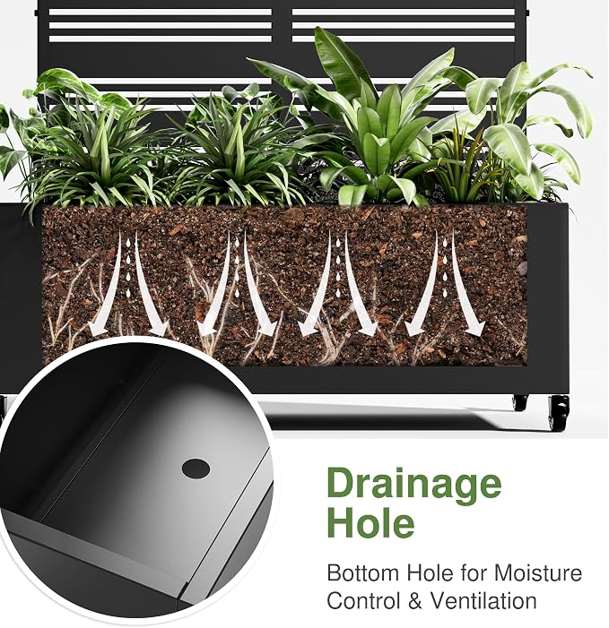 Casaphoria Metal Raised Garden Bed with Trellis and Wheels, 47"x47"x16" Planter Box for Climbing Plants, Vegetables & Vines, Features Drainage Holes and Privacy Screen (Black-Harold)