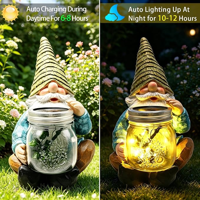 VOOKRY Solar Garden Gnome Statues, Outdoor Gnome with Firefly Solar Lights | Birthday Gifts for Mom Women Christmas Mother's Day, Garden Figurines for Yard Decor Patio Porch Lawn Ornaments