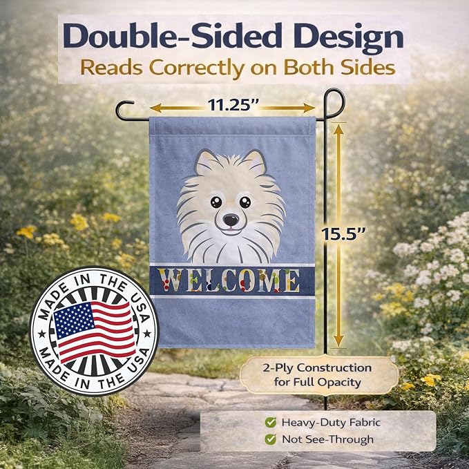 Caroline's Treasures BB1393GF Pomeranian Welcome Garden Flag, Blue Mailbox Flag Decorative Yard Flag Banner Outside Patio Artwork Yard Flower Beds, Garden Size, Multicolor
