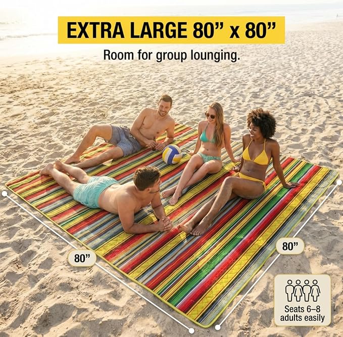 80"x80" XL Mexican Style Beach & Picnic Blanket, Sandproof Waterproof, 3-Layer Mat, Easy Fold