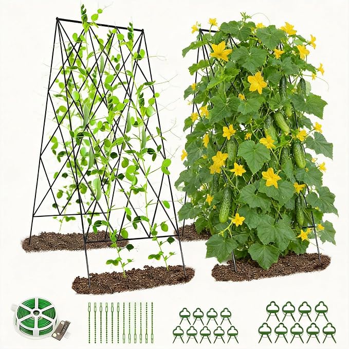 DoCred Cucumber Trellis, 39.4" H 2 Pack Metal Foldable Thickened A Frame Garden Trellis for Raised Bed Climbing Plants, Vegetables, Including Plant Support Clips, Twist Ties, Plastic Ties, Black