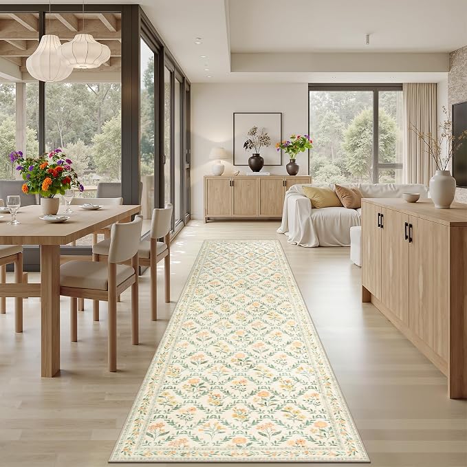 PLHXFR 3x10 Washable Runner Rug：Floral Indoor Kitchen Carpet Beige Multi | For Hallway Bedroom Kitchen Laundry Bathroom Dorm,Vintage Floral,Machine washable,Non Slip,Stain Resistant,Indoor Floor