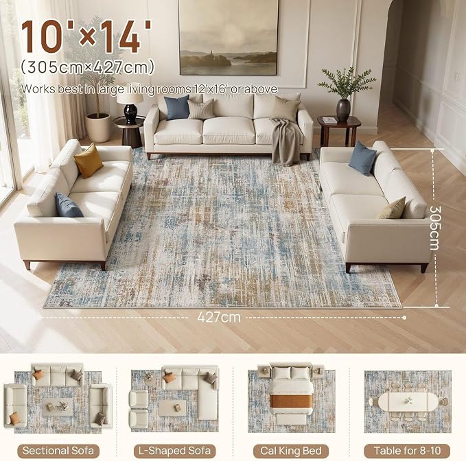 UERMEI 10x14 Area Rug for Living Room Washable Abstract Blue Brown Carpet | Low Pile Non-Slip Soft Neutral Modern Kid Pet Friendly Large Rugs For Bedroom Dining Room Nursery Office Indoor Decor