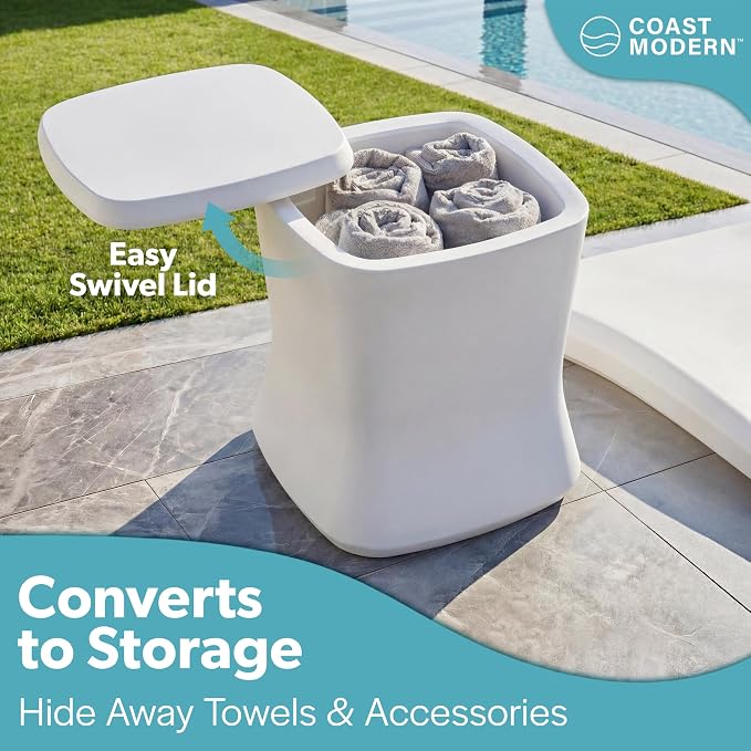 Coast Modern Outdoor Side Table Cooler- 2 in 1 Patio Decor Storage Table & Ice Chest - 25 QT - White, Gray, Sand, Stone Blue, Black