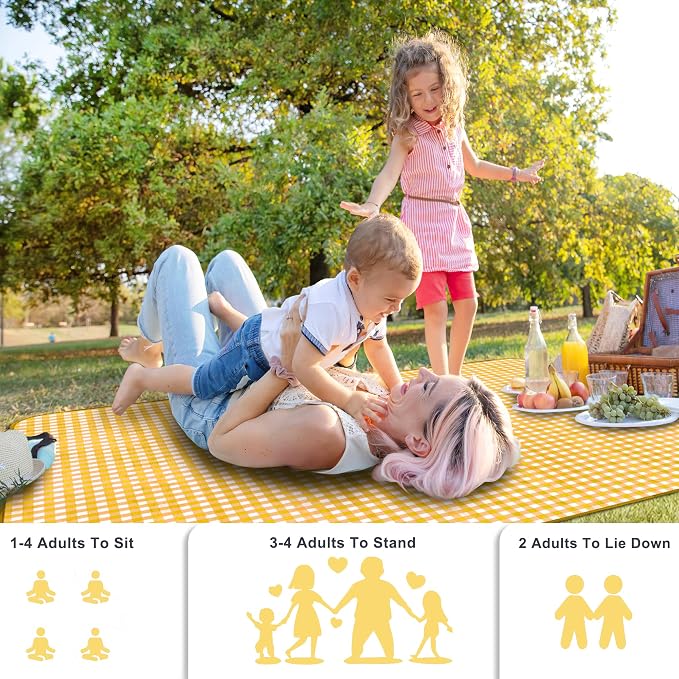 SAMSIER Outdoor Picnic Blankets Waterproof Foldable Sandproof, Extra Large Gingham Cute Picnic Mat Washable Portable for Park Beach Camping Courtyard (Yellow, 80"×80")